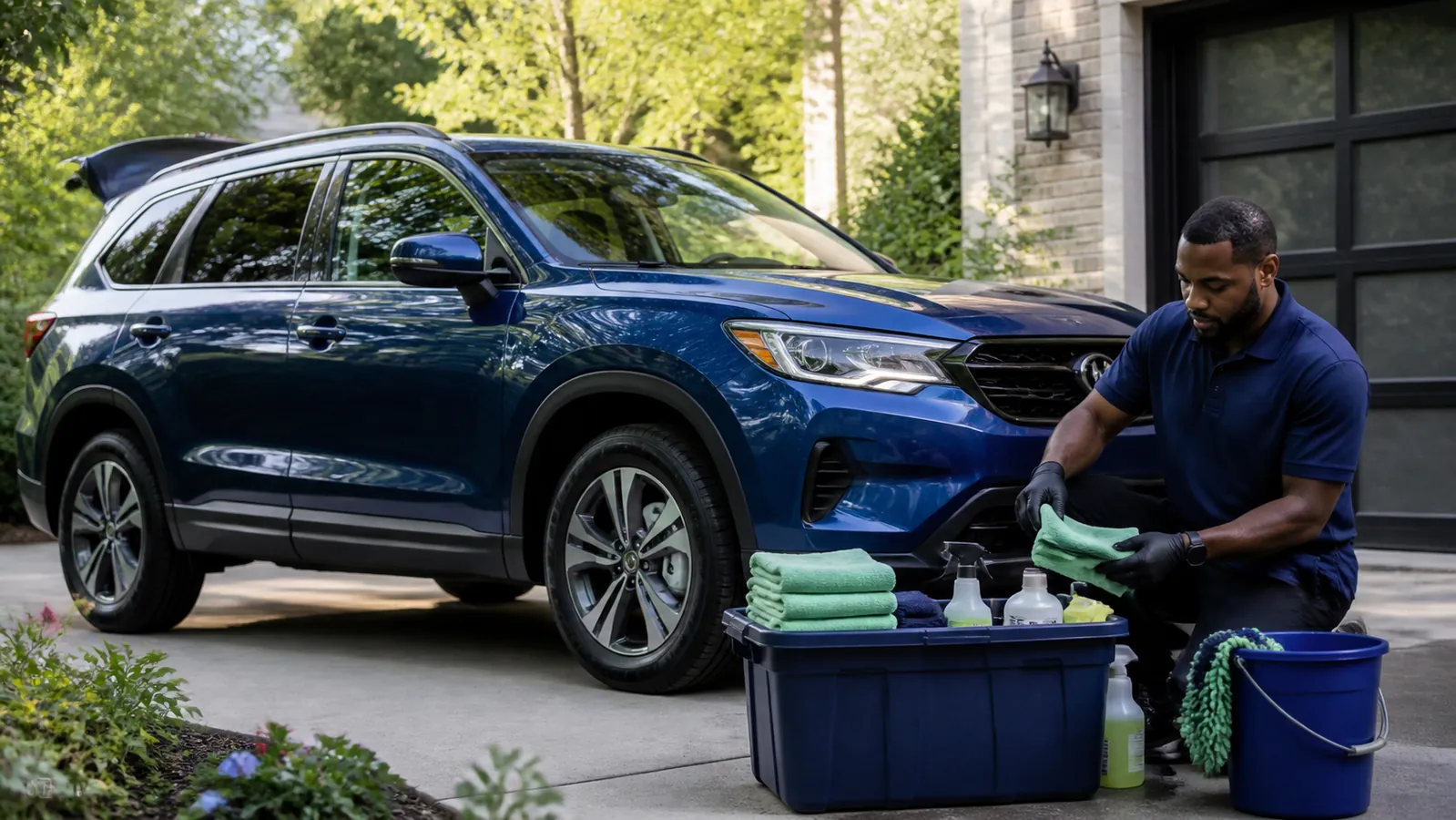 Freshly detailed family SUV with reusable towels and low-water supplies