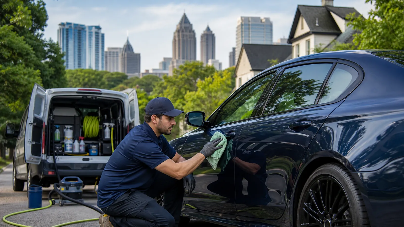 Mobile detailer working beside a blue car and service van in Atlanta
