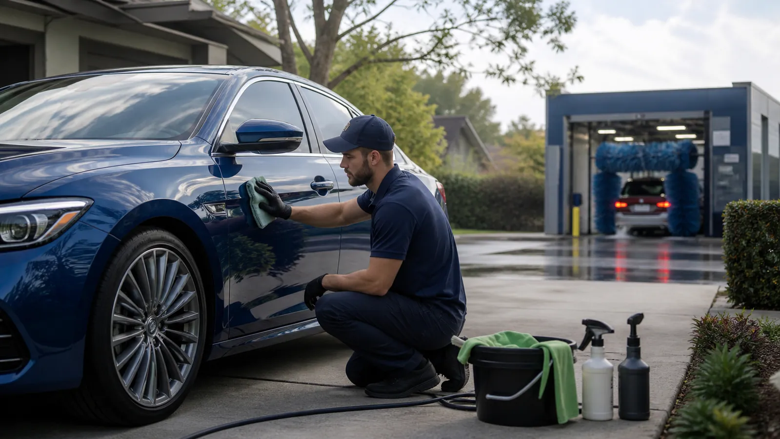 Low-water mobile detailing in the foreground with a traditional car wash in the distance
