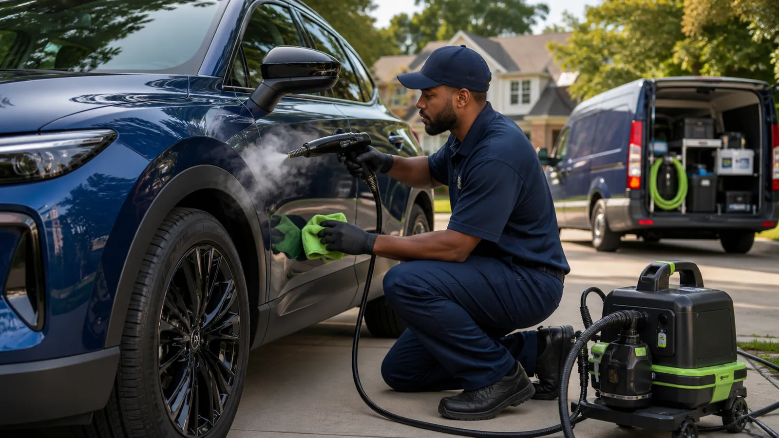 Mobile detailer using compact modern low-water equipment beside a blue car