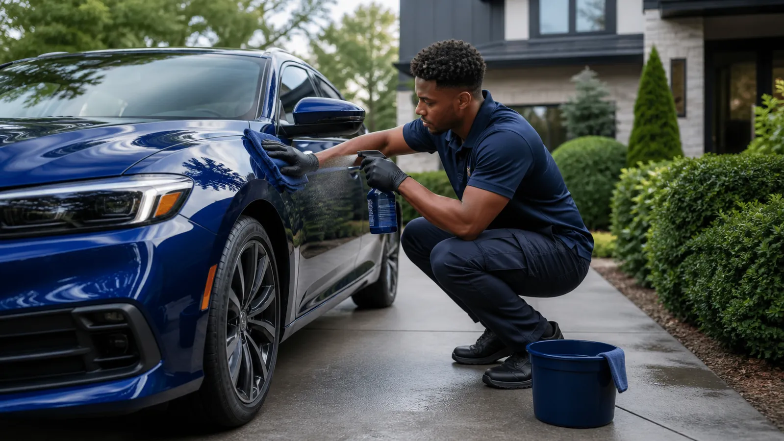 Detailer cleaning a blue car with a fine mist and microfiber towel using minimal water