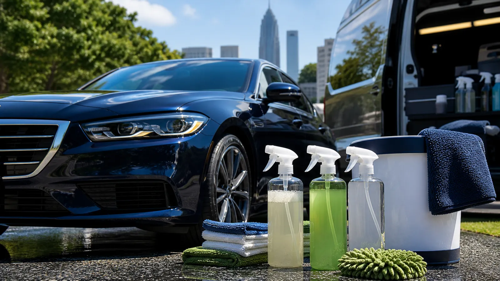Eco-conscious detailing bottles and microfiber towels beside a freshly detailed blue car