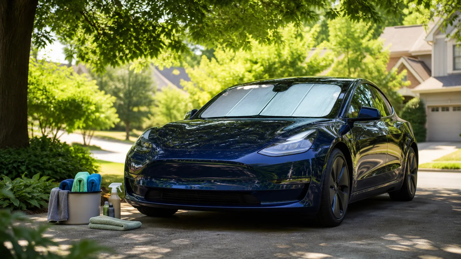 Blue car parked in shade with sunshade and eco-conscious detailing supplies