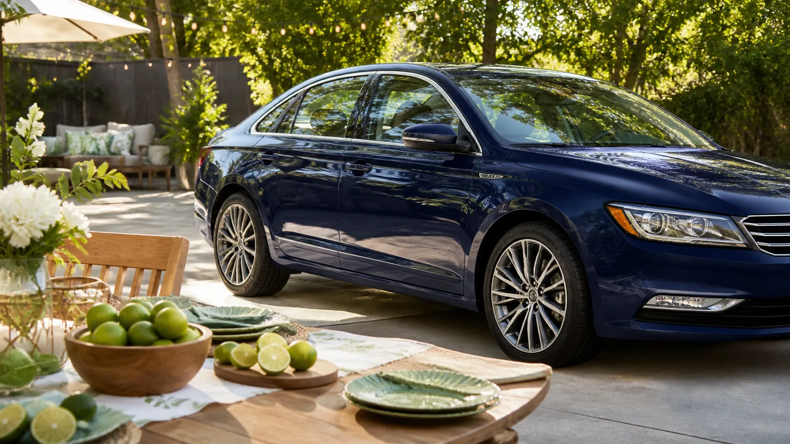 Freshly detailed parked car at a bright summer gathering with lime decorations