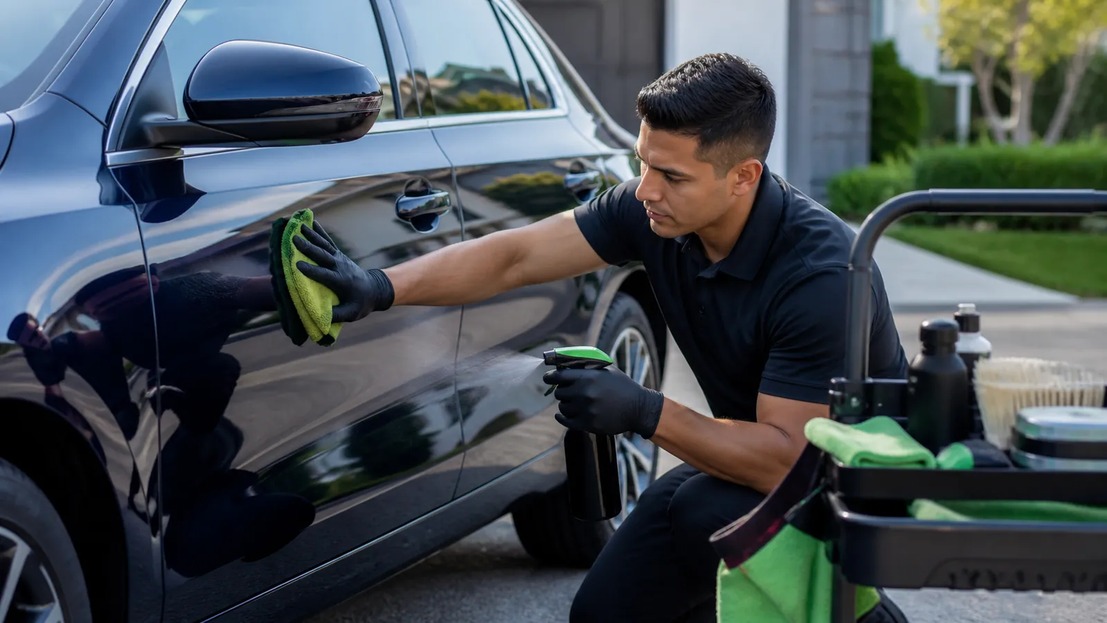 Detailer using a fine mist and microfiber towel on a dark blue car door