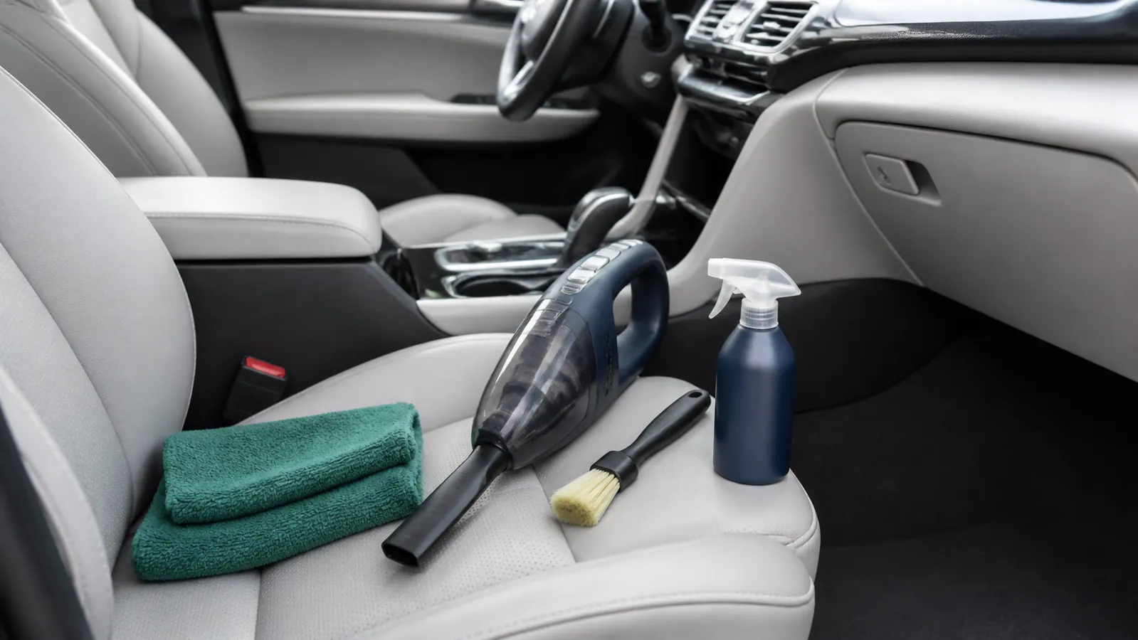 Freshly maintained car interior with microfiber cloth, brush and compact vacuum