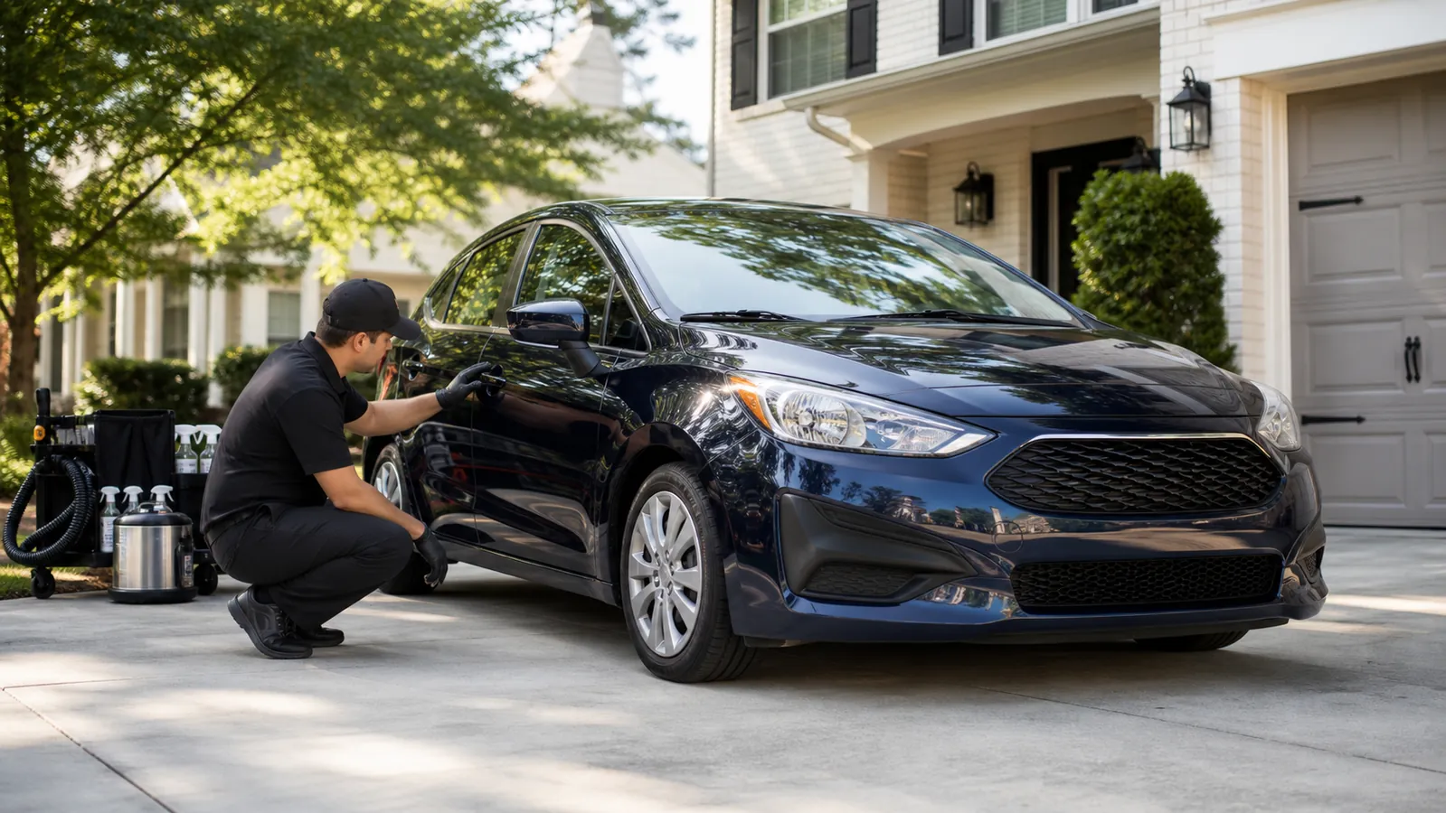 Professional mobile detailer cleaning a dark blue car at a Brookhaven home