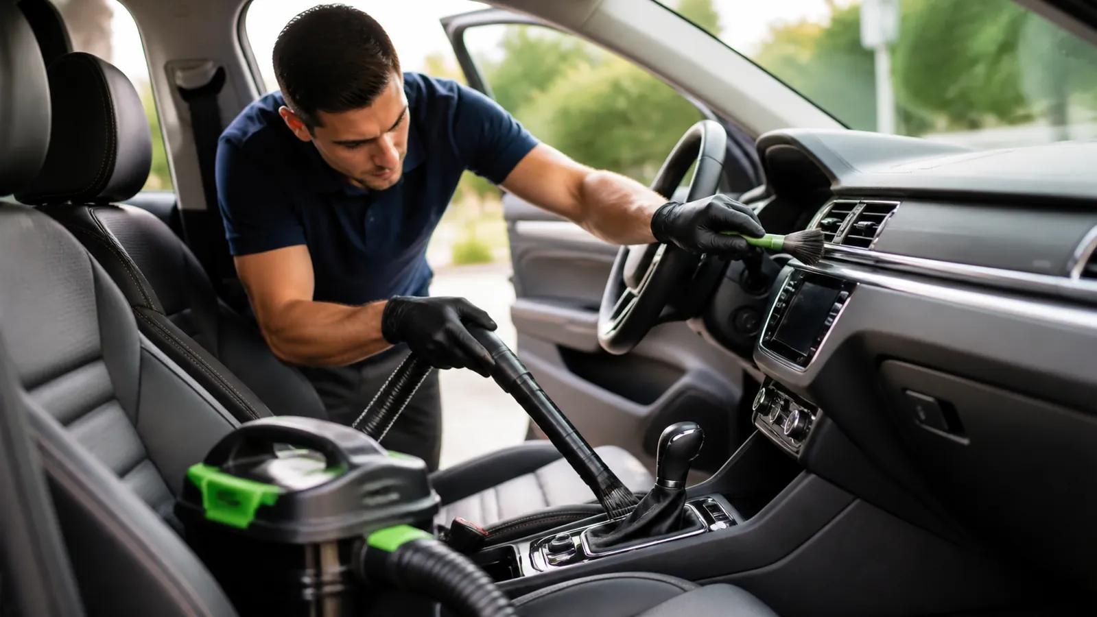 Professional detailer vacuuming car seats and vents in a bright clean interior