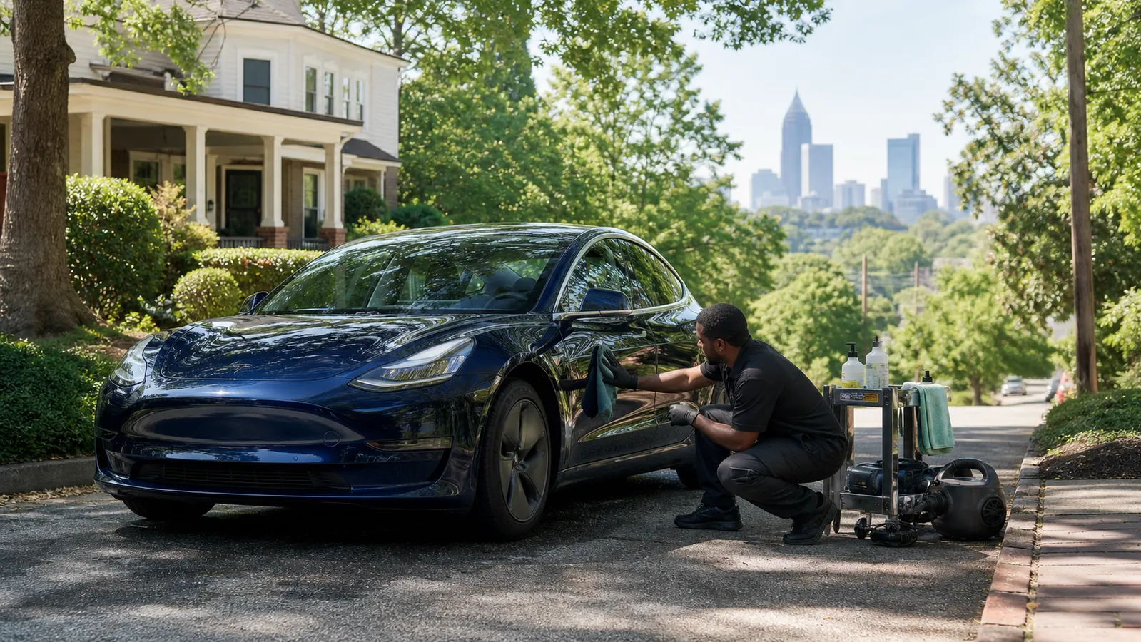 Mobile detailer cleaning a blue vehicle in an Atlanta neighborhood