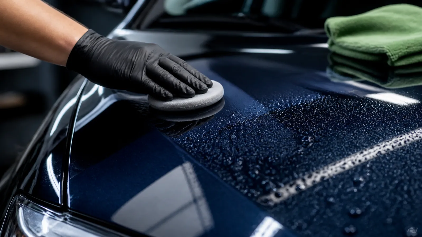 Water beading on a glossy navy hood as a professional applies protective wax