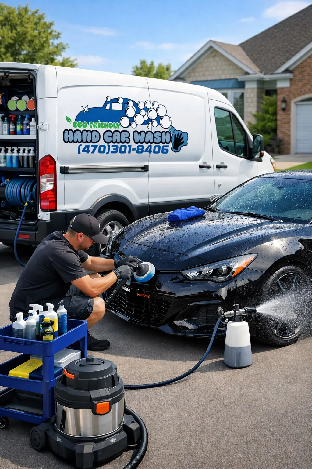 Mobile detailer polishing a car beside the service van