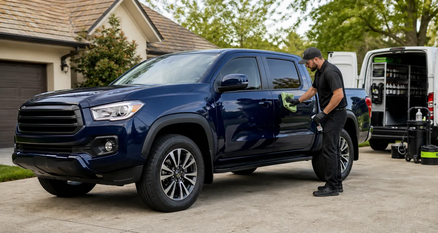 Mobile exterior detailing for a pickup truck